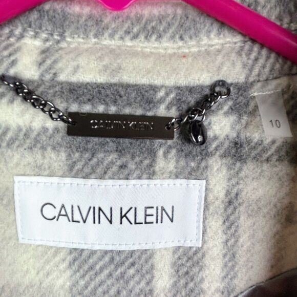 Calvin Klein Walker Plaid Wool Overcoat Single Breasted Pea Coat Gray Cream 10 - Picture 14 of 16